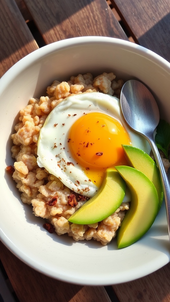 A bowl of savory oatmeal with a fried egg and avocado, garnished with herbs, on a rustic wooden table.